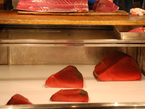 Le thon en pièces dans un présentoir à Tsukiji
